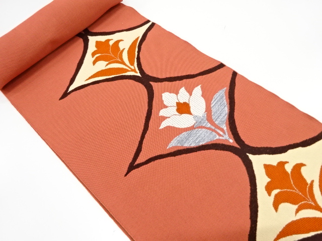 JAPANESE KIMONO / ANTIQUE BOLT FOR NAGOYA OBI / SILK / WOVEN RHOMBUS & FLOWERS